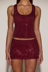Embellished Jersey Scoop-Neck Racerback Top in Burgundy