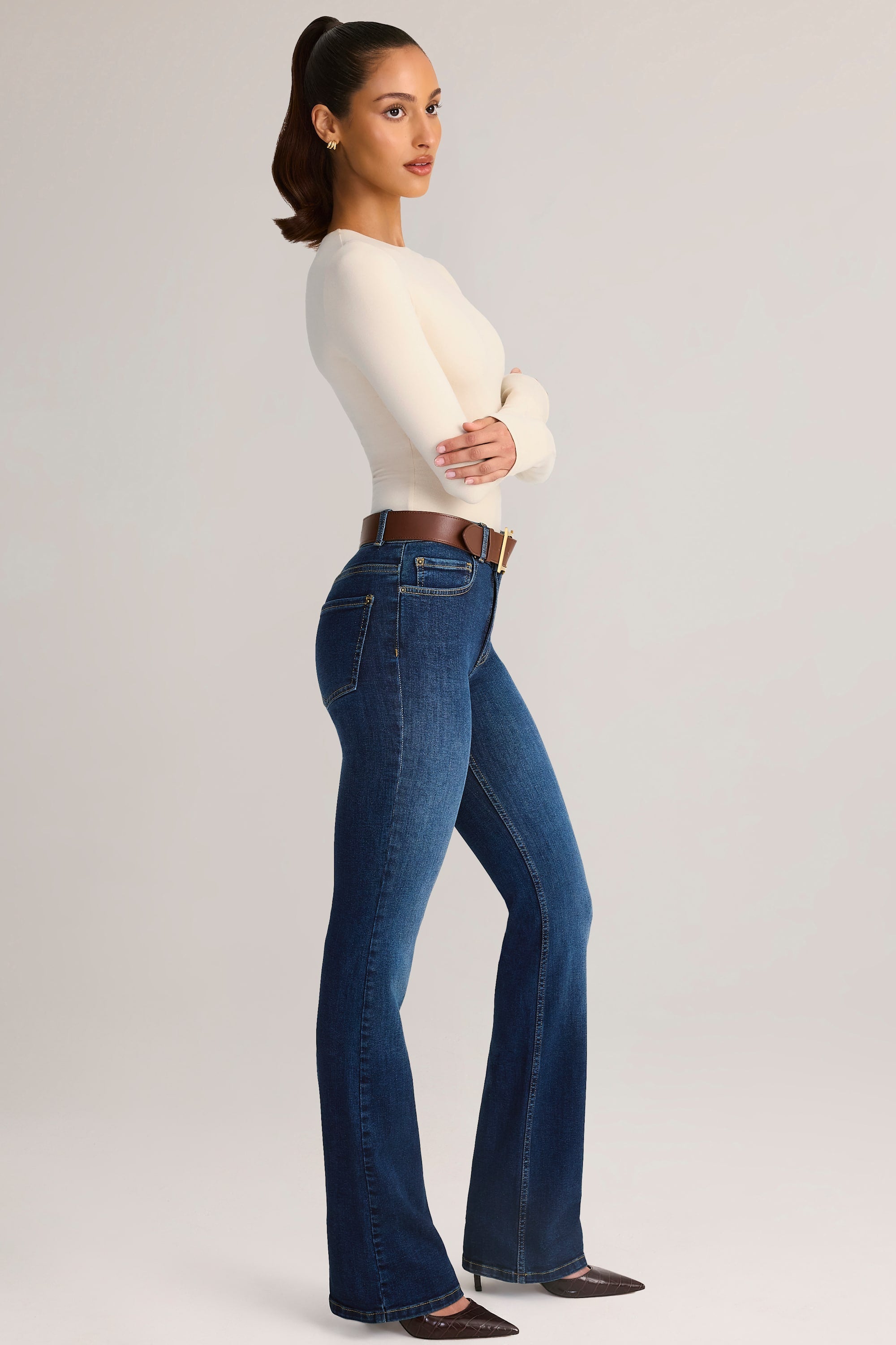Denim Mid-Rise Flared Jeans in Indigo