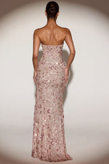 Embellished Bandeau-Neck Strapless Gown in Rose Gold