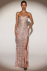 Embellished Bandeau-Neck Strapless Gown in Rose Gold