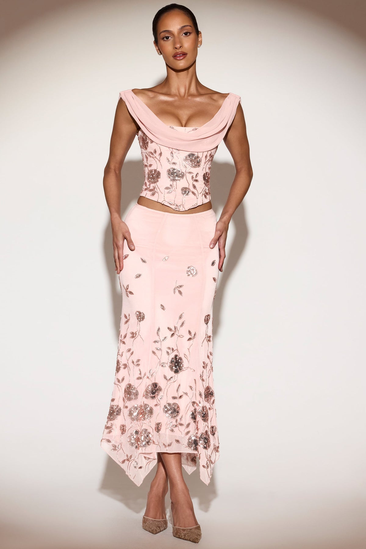 Embellished Mid-Rise Hanky-Hem Midaxi Skirt in Pink
