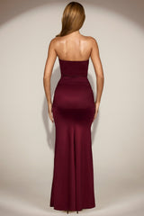 Satin Peekaboo Bandeau Draped Gown in Wine Red