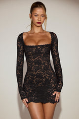 Sheer Scalloped-Lace Long-Sleeve Mini Dress in Black