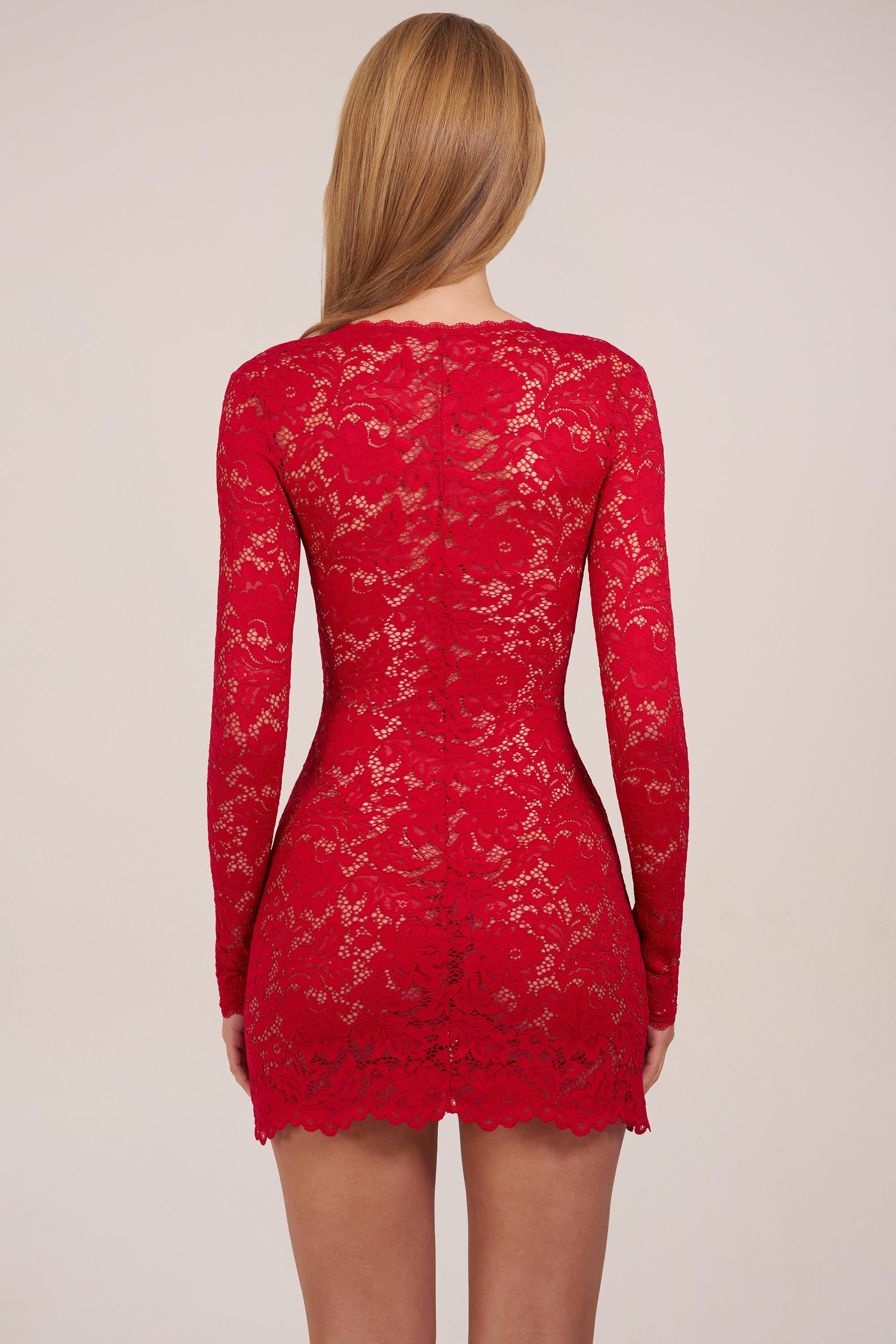 Sheer Scalloped-Lace Long-Sleeve Mini Dress in Rose Red