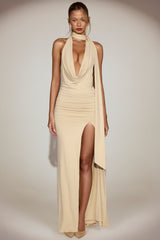 Soft-Jersey Plunge Halterneck Maxi Dress in Champagne