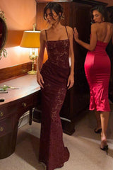 Sheer Lace Square-Neck Ruched Gown in Wine Red
