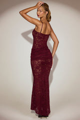 Sheer Lace Square-Neck Ruched Gown in Wine Red