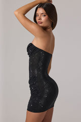 Embellished Bandeau Cowl-Waist Mini Dress in Black