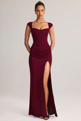 Modal Sweetheart-Neck Cowl-Waist Maxi Dress in Wine