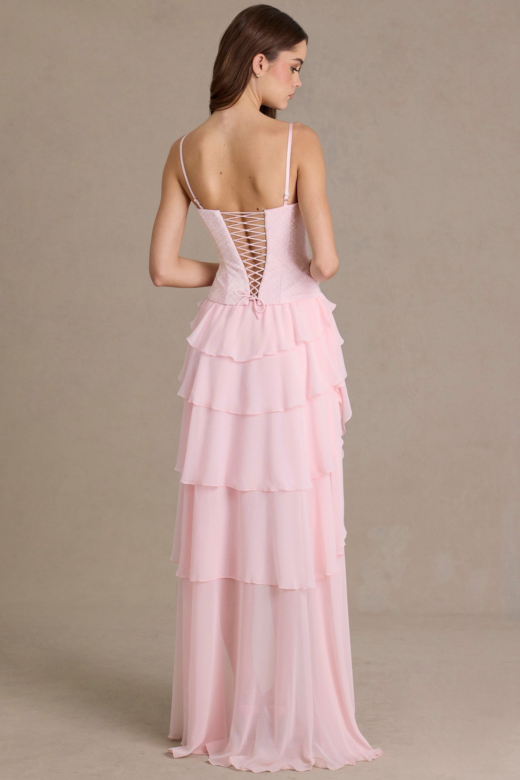 Premium Embellished Cowl-Neck Corset Gown in Baby Pink