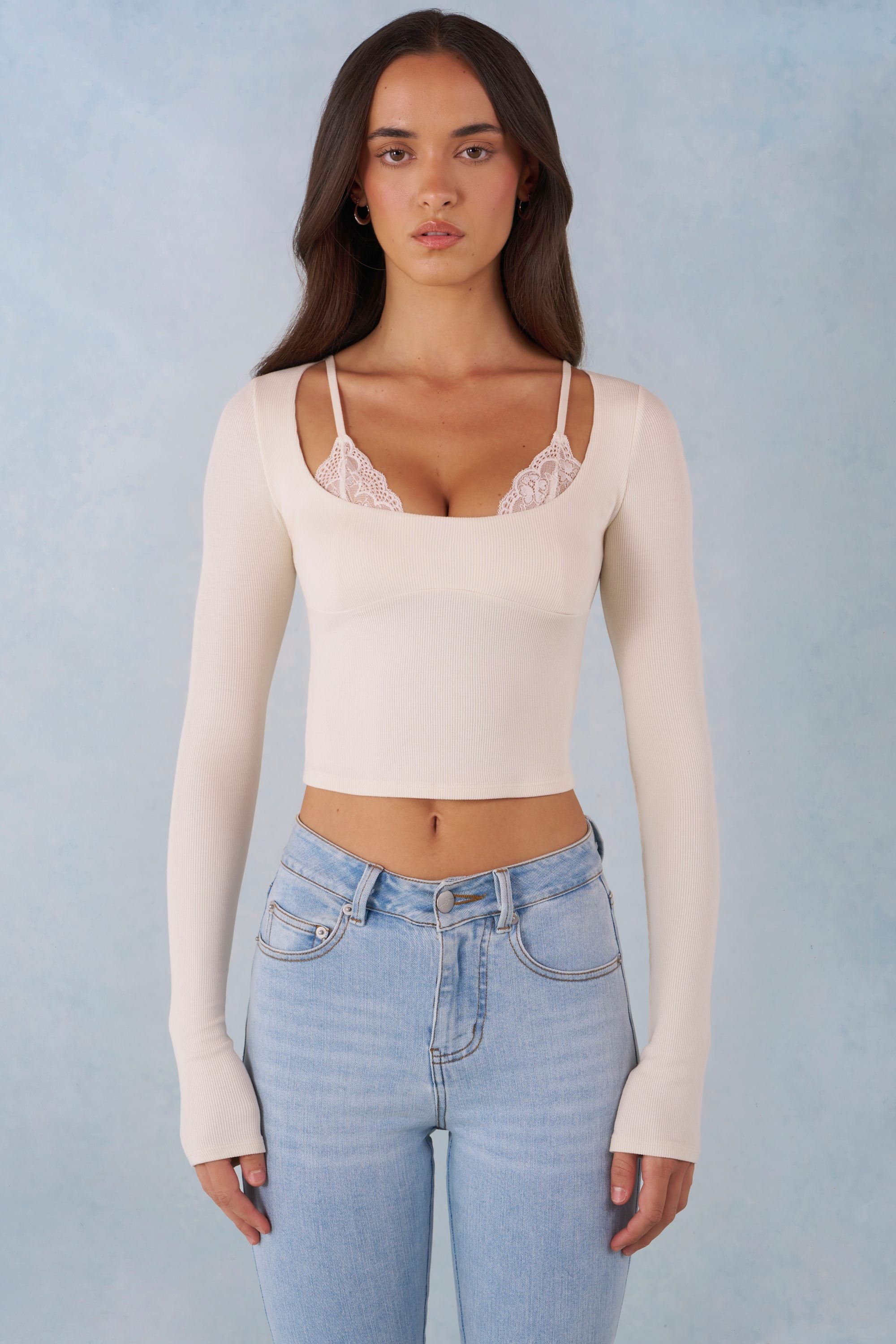 Ribbed Modal Long-Sleeve Laced Bra Top in Ivory