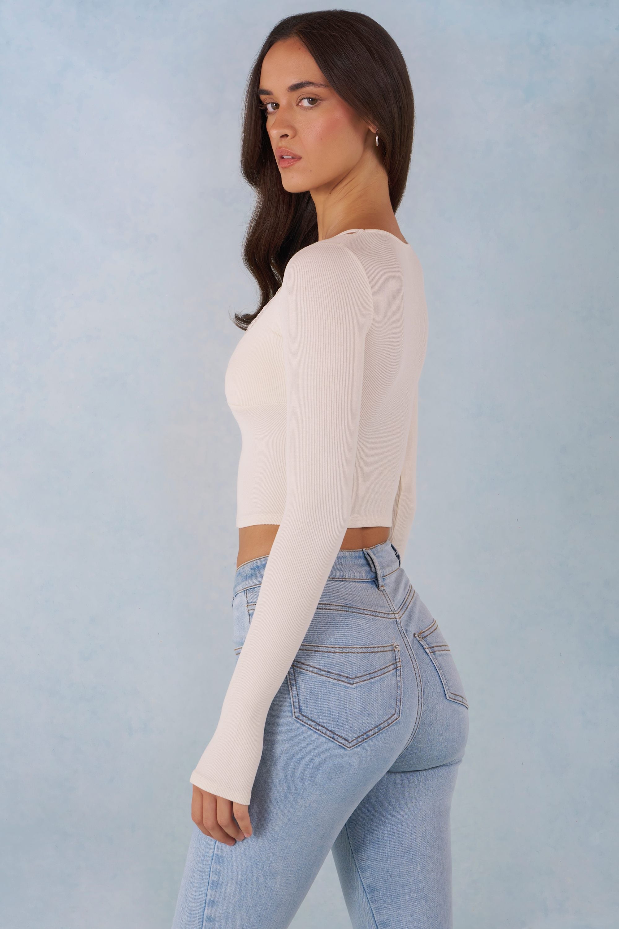 Ribbed Modal Long-Sleeve Laced Bra Top in Ivory