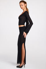 Sheer Jersey Low-Rise Draped Maxi Skirt in Black