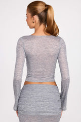 Sheer Jersey Plunge Long-Sleeve Top in Grey