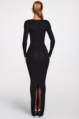 Ribbed Modal Long-Sleeve Plunge Maxi Dress in Black