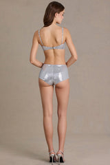 Premium Sequin Mesh Mid-Rise Mini Shorts in Silver