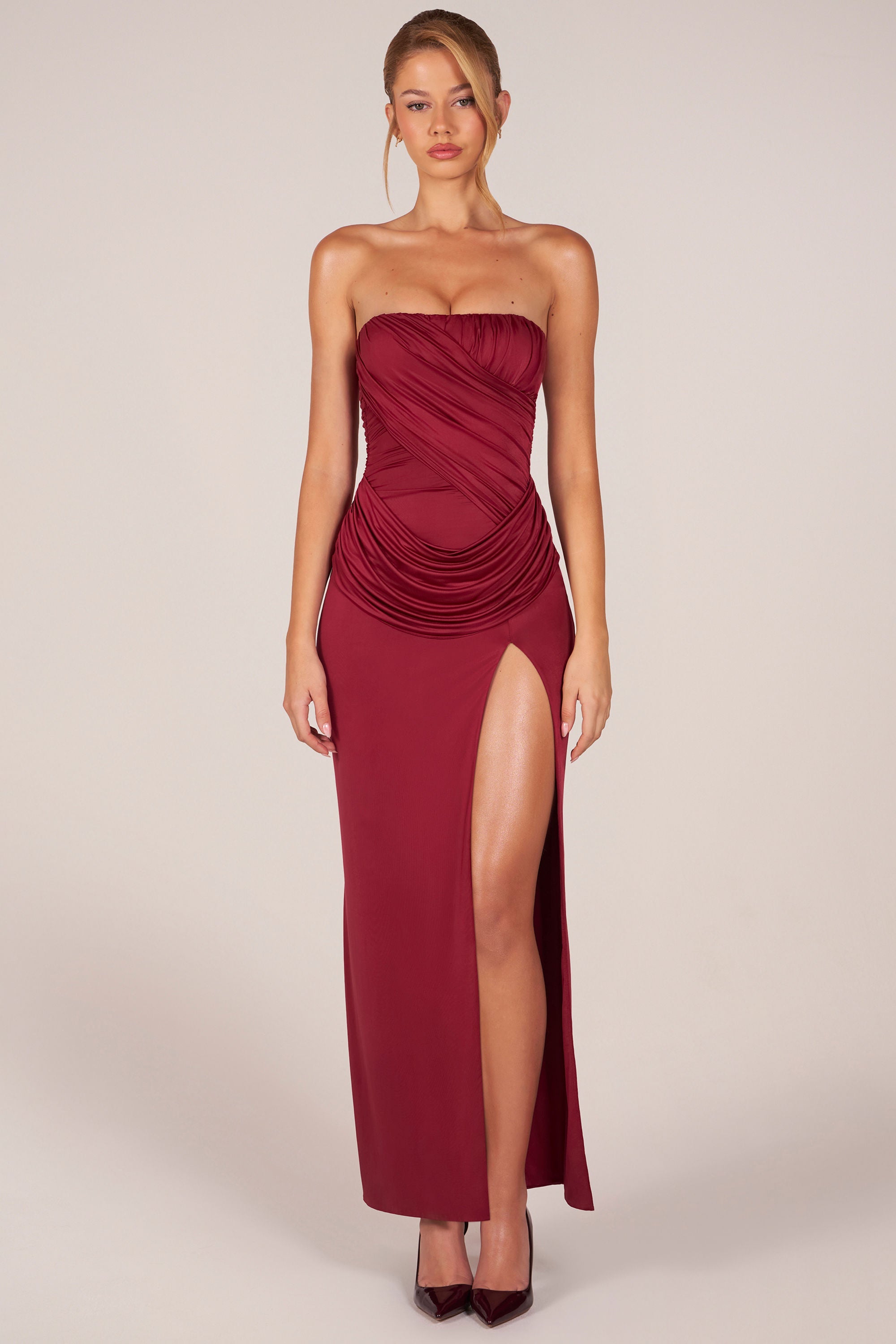 Bandeau Draped Thigh-High Maxi Dress in Cherry Red