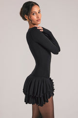 V-Neck Ruffle Skirt Mini Dress in Black
