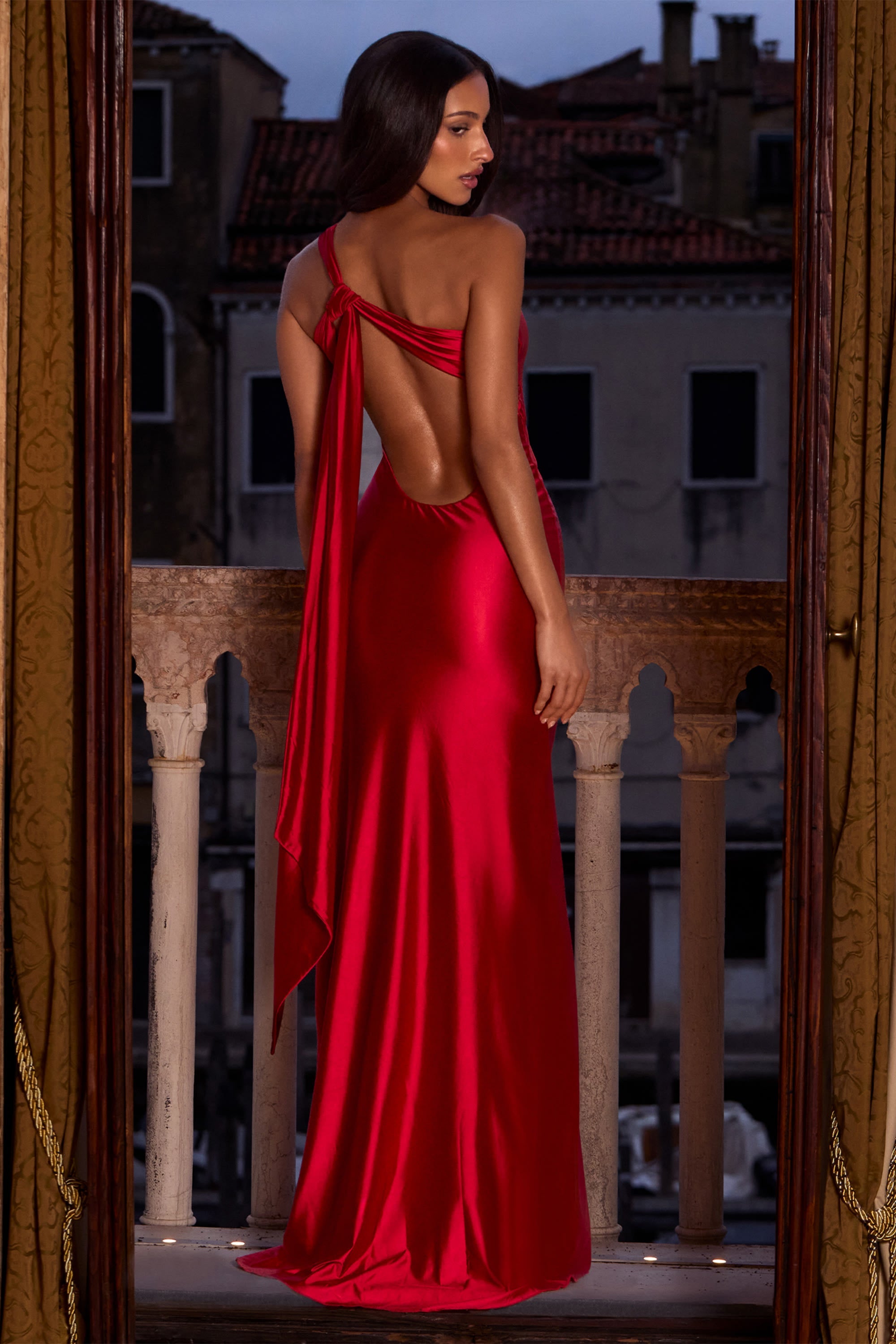 Asymmetric Tie-Back Gown in Rose Red