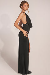 Cowl-Neck Thigh-High Gown in Black