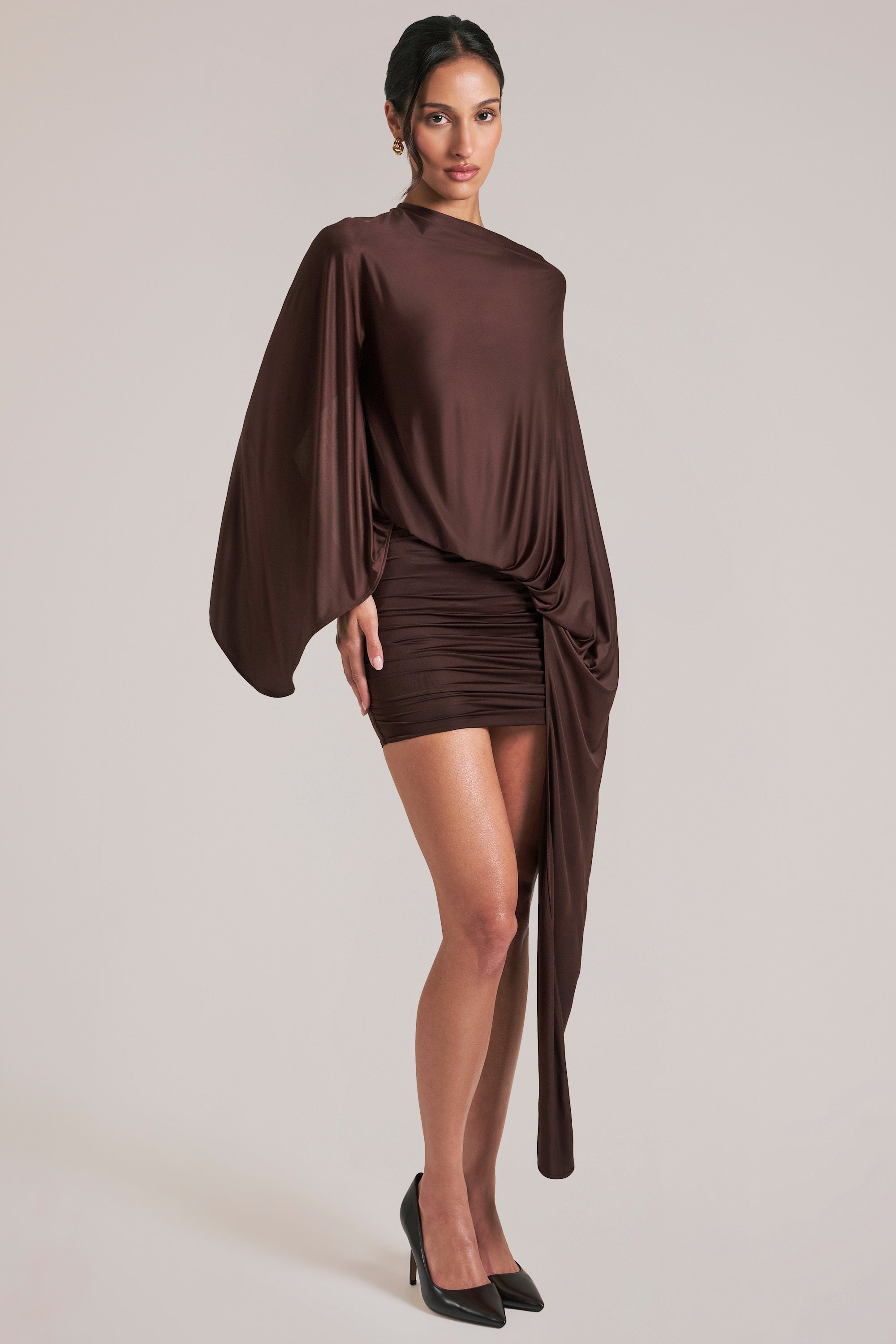 Draped Cape Mini Dress  in Chocolate Brown