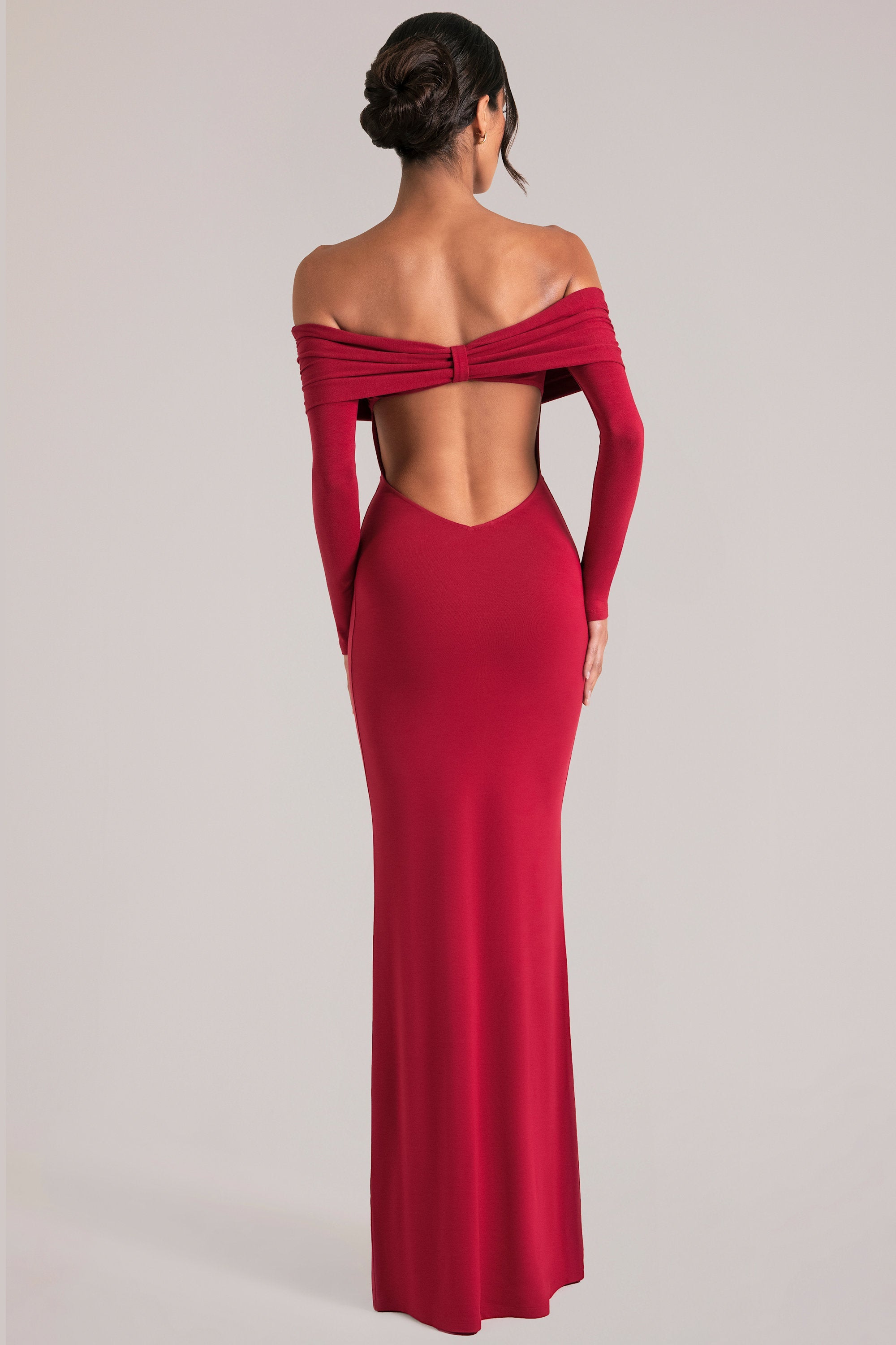 Off-Shoulder Long-Sleeve Maxi Dress in Cherry Red