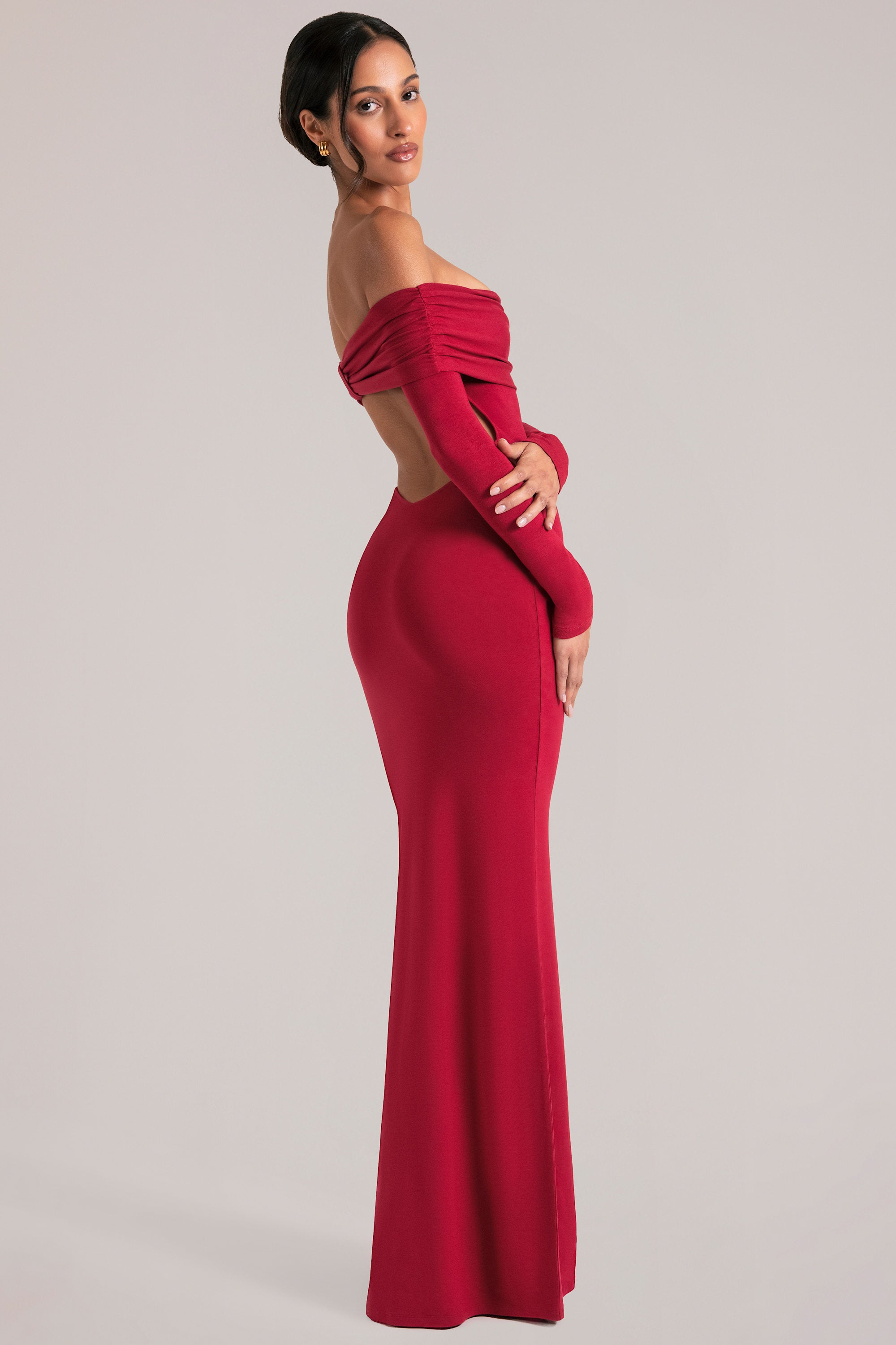 Off-Shoulder Long-Sleeve Maxi Dress in Cherry Red