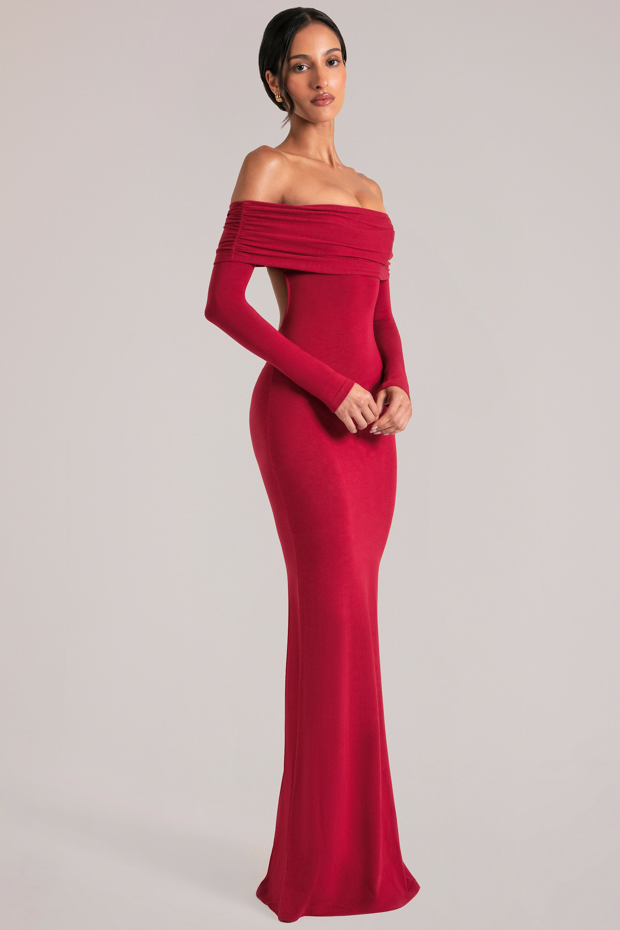Off-Shoulder Long-Sleeve Maxi Dress in Cherry Red