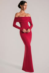 Off-Shoulder Long-Sleeve Maxi Dress in Cherry Red