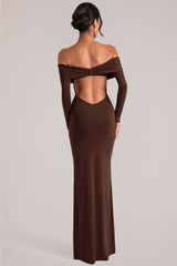 Off-Shoulder Long-Sleeve Maxi Dress in Chocolate Brown