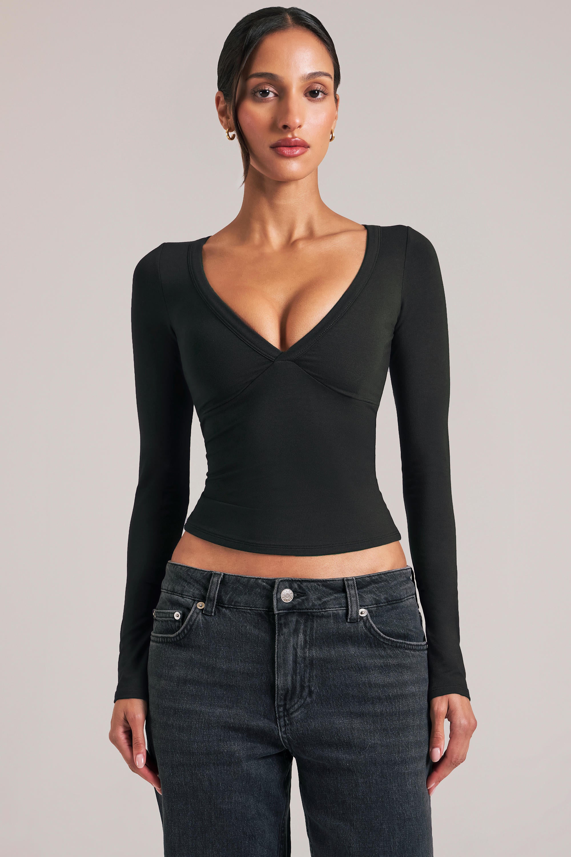 V-Neck Long-Sleeve Top  in Black