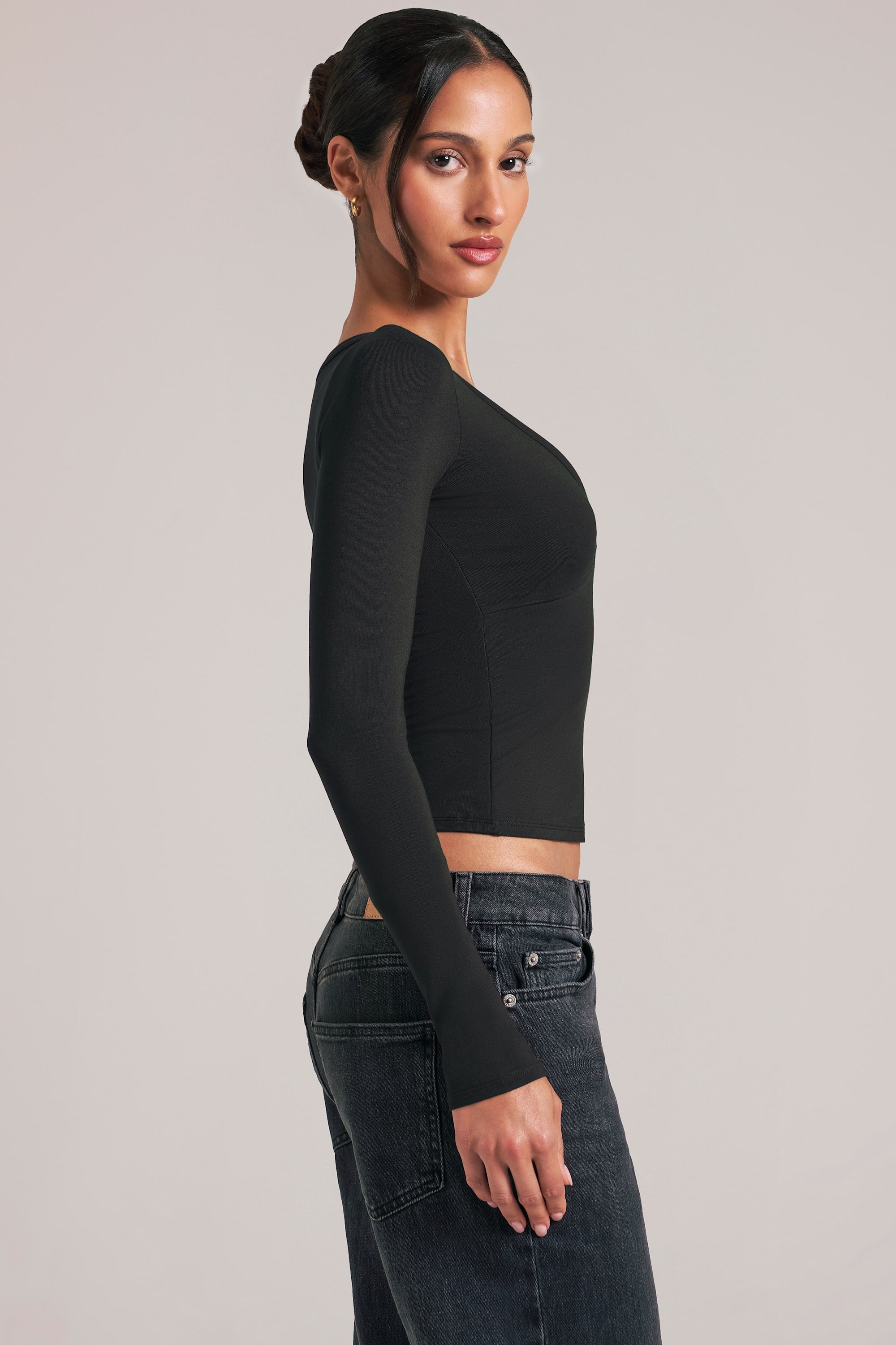 V-Neck Long-Sleeve Top  in Black