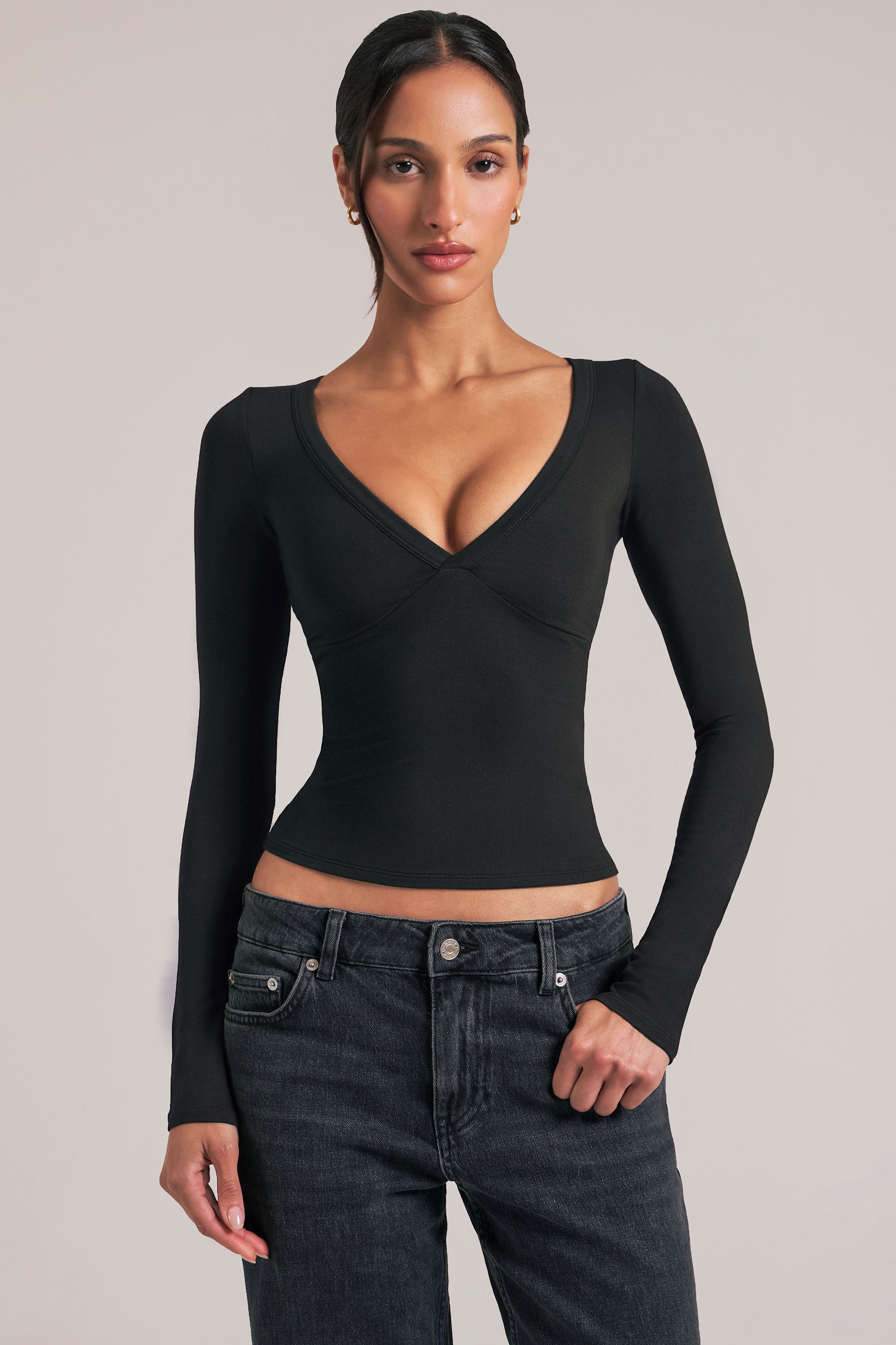 V-Neck Long-Sleeve Top  in Black