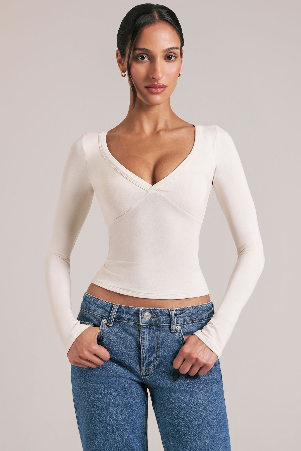V-Neck Long-Sleeve Top  in Ivory