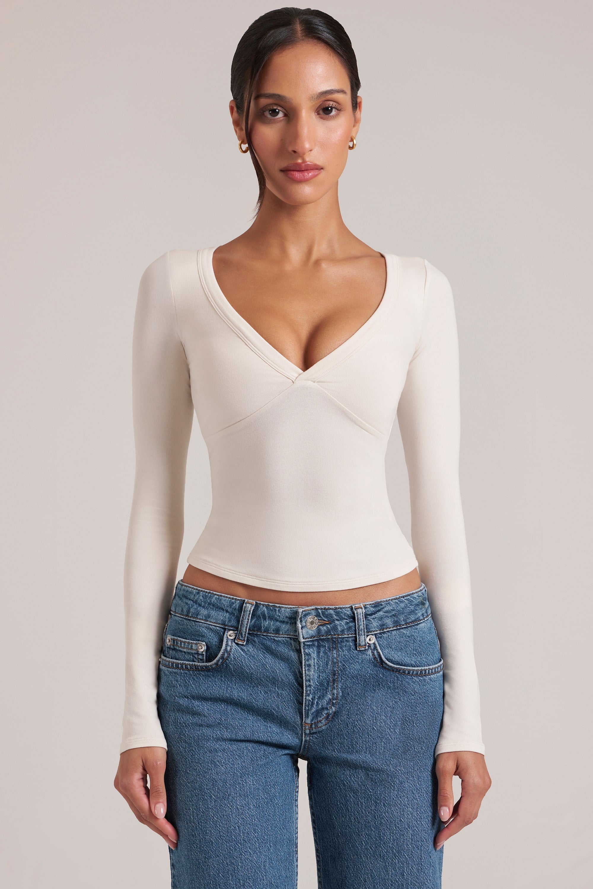 V-Neck Long-Sleeve Top  in Ivory