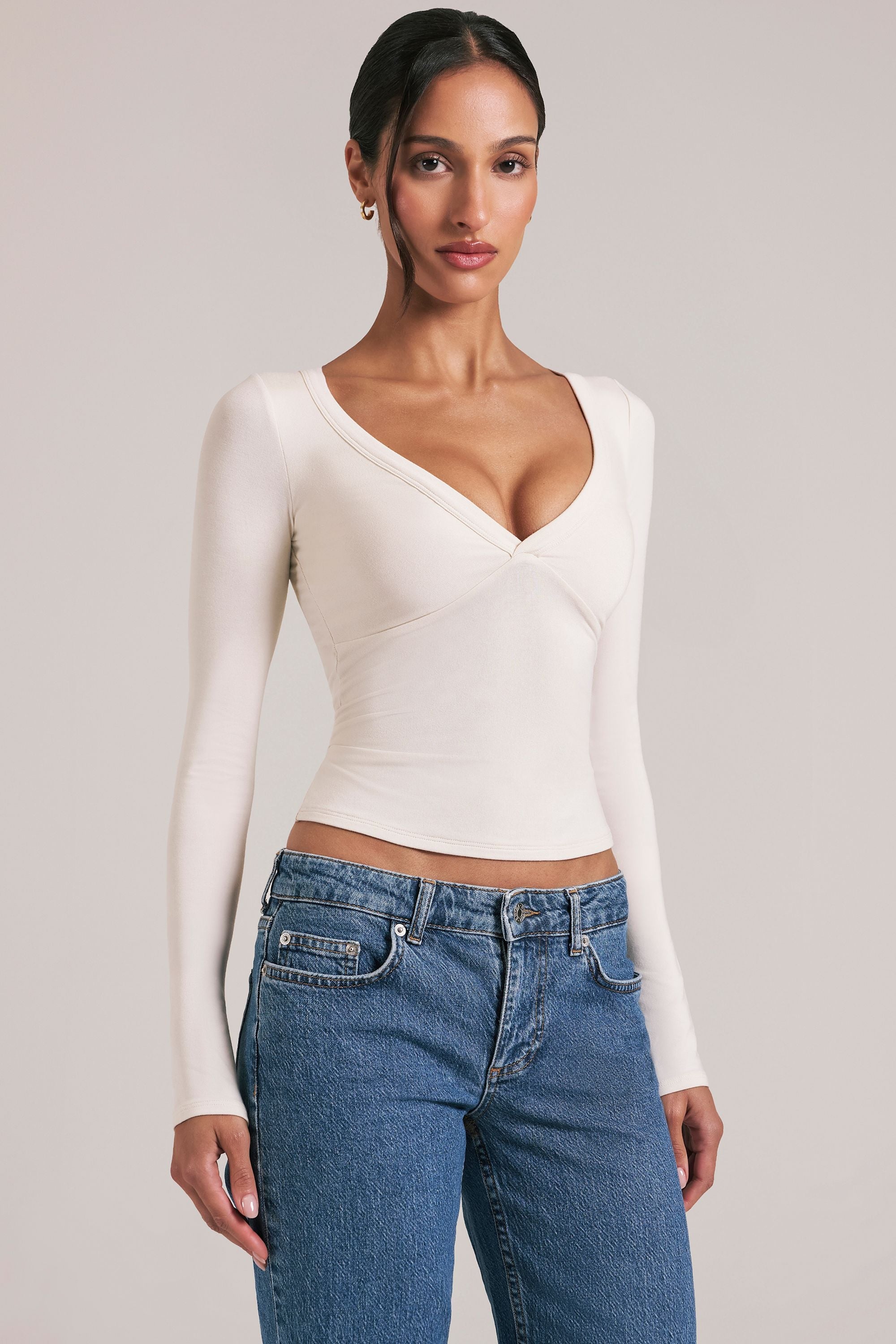 V-Neck Long-Sleeve Top  in Ivory