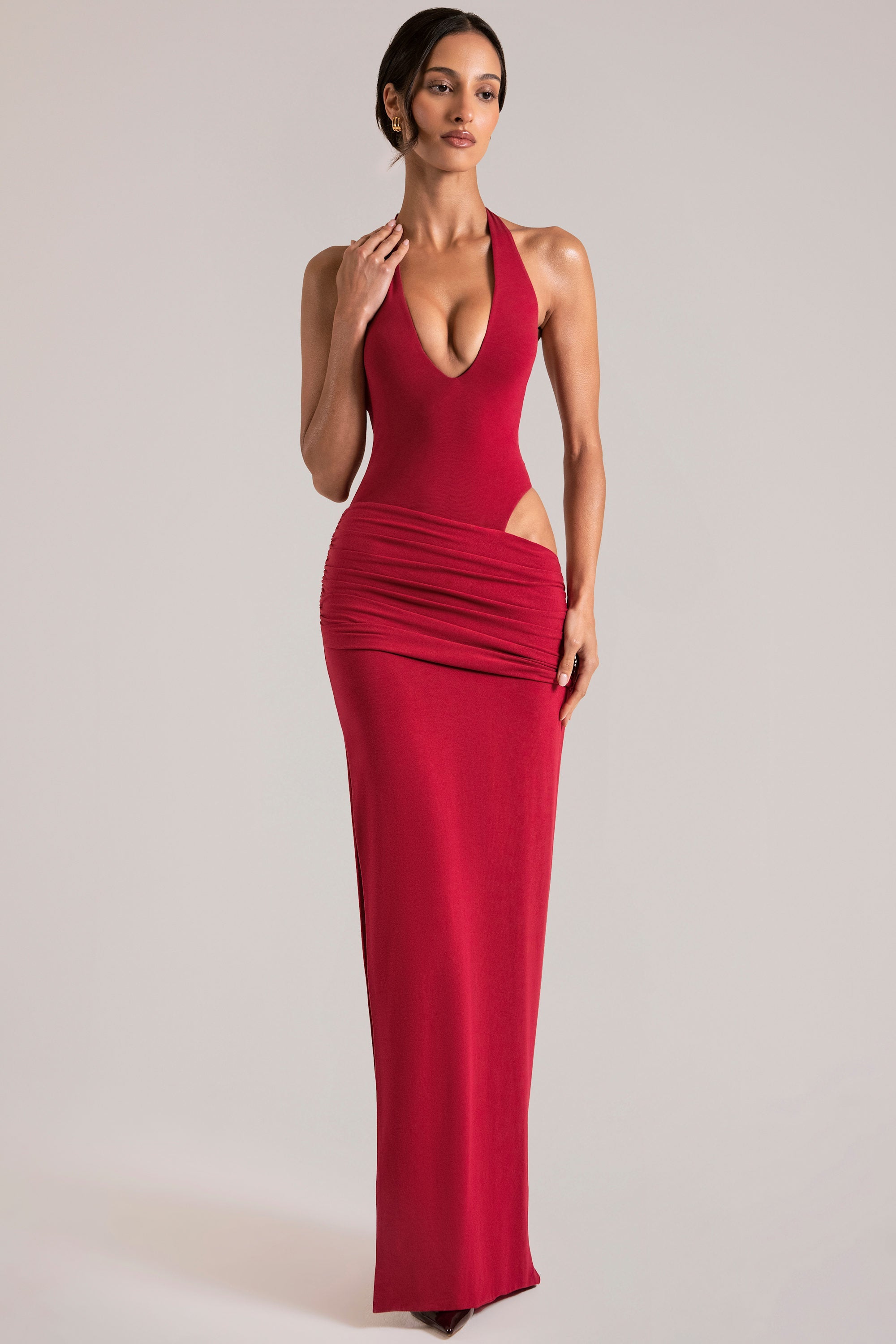 Deep Plunge Halterneck Maxi Dress in Cherry Red