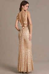 Premium Embellished Open-Back Maxi Dress in Gold