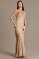 Premium Embellished Open-Back Maxi Dress in Gold
