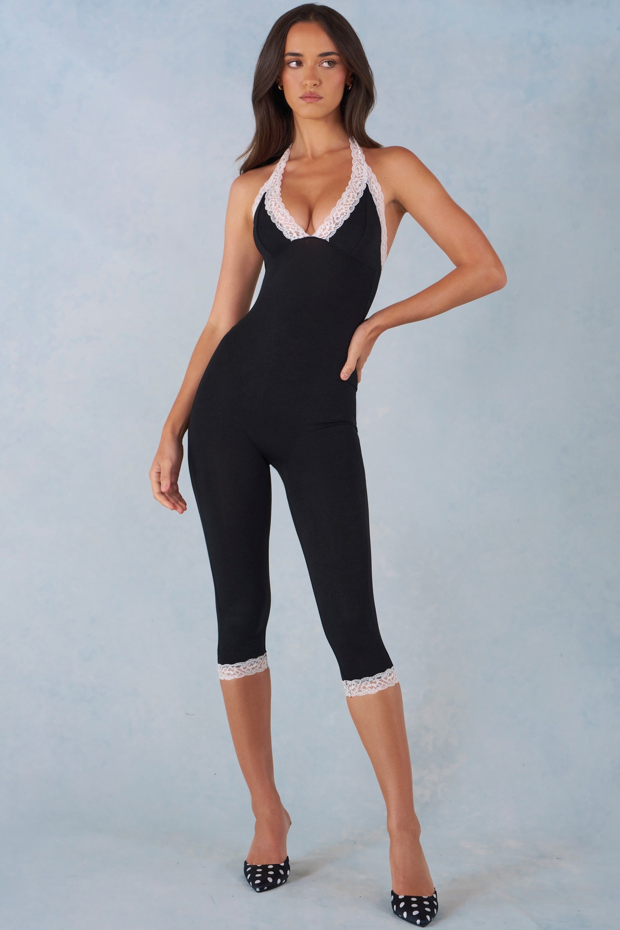Modal Lace-Trim Capri Jumpsuit  in Black