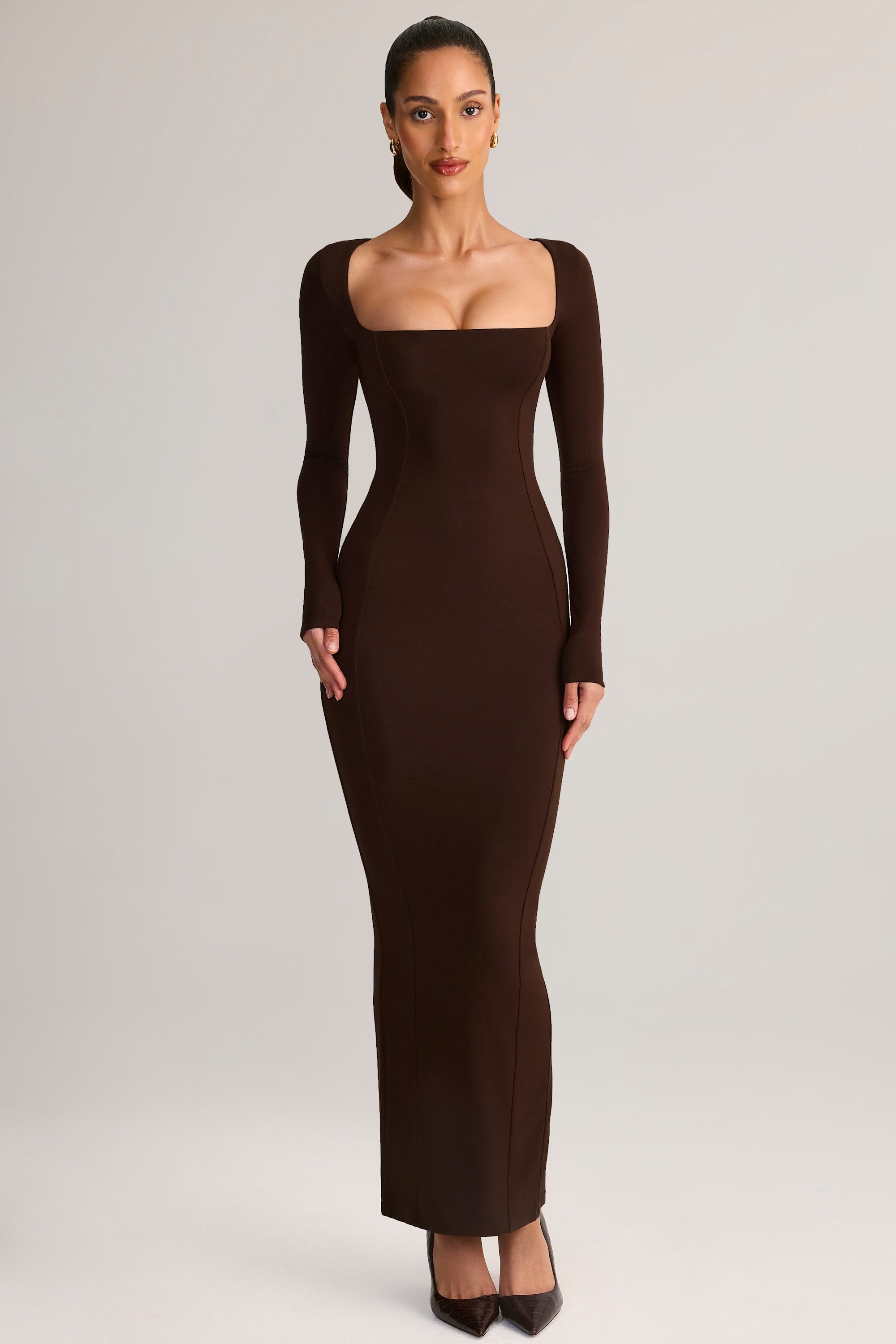 Modal Square-Neck Bodycon Maxi Dress in Chocolate Brown