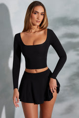Square-Neck Long-Sleeve Crop Top in Black