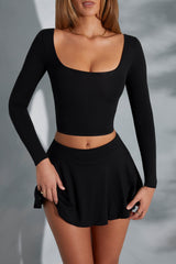 Square-Neck Long-Sleeve Crop Top in Black
