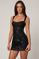 Embellished A-line Mini Dress in Black