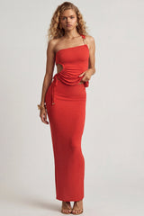 Textured Jersey Low-Rise Maxi Skirt in Chilli Red