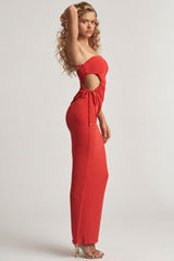 Textured Jersey Low-Rise Maxi Skirt in Chilli Red