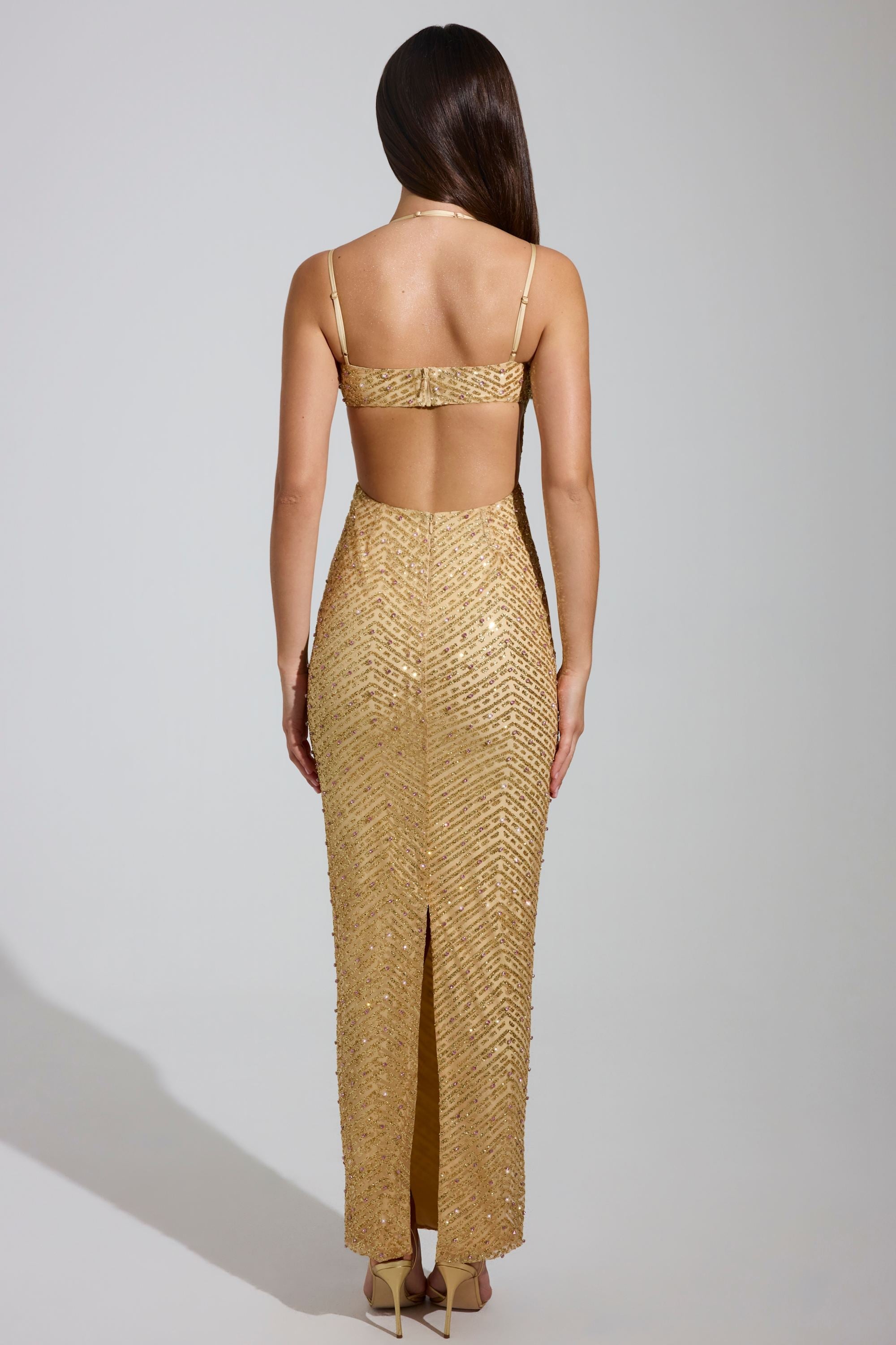 Embellished Cowl-Neck Maxi Dress in Gold