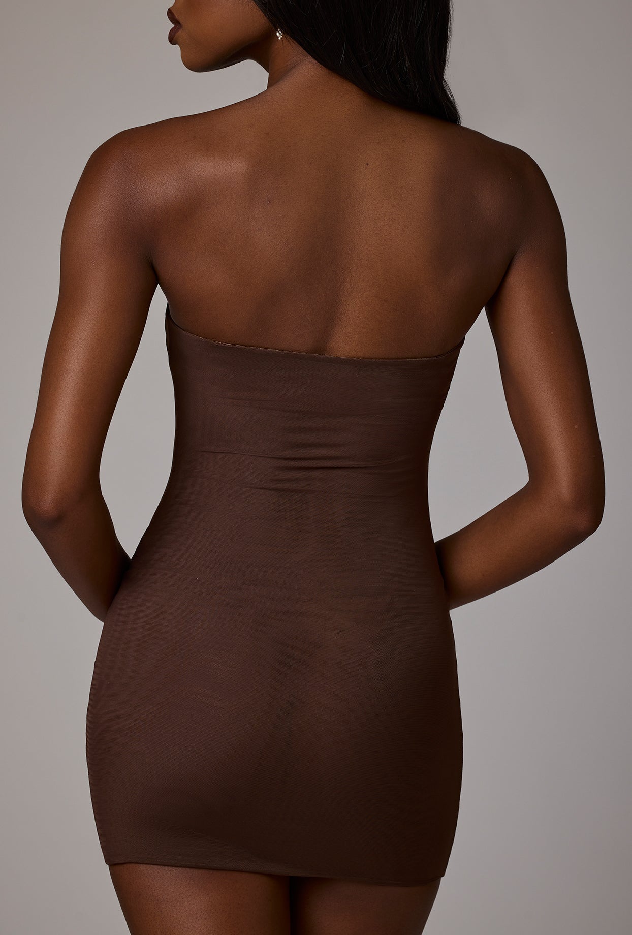 Soft Sheer-Mesh Bandeau Mini Slip Dress in Deep Cocoa