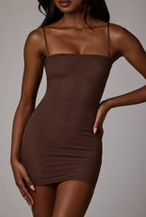 Soft Sheer-Mesh Bandeau Mini Slip Dress in Deep Cocoa
