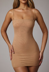 Soft Sheer-Mesh Bandeau Mini Slip Dress in Almond
